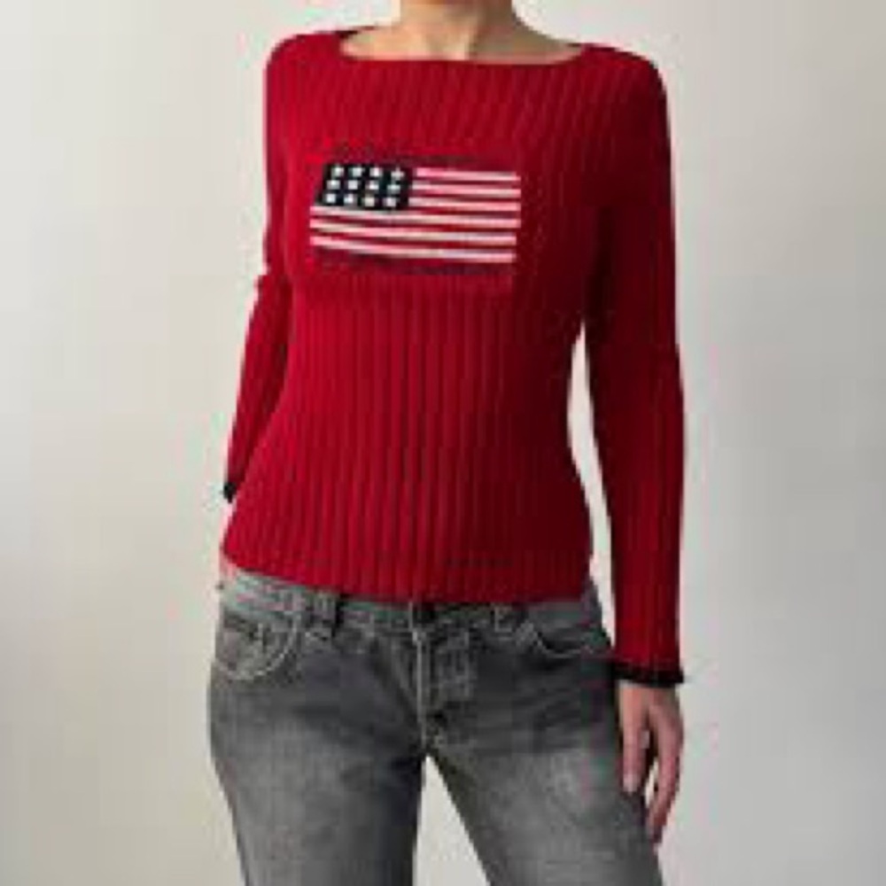 Vibrant Red Crew Neck Sweater with Patriotic Flag Design